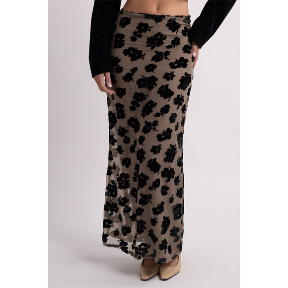 Flowy Maxi Skirt with Suede Floral Design - Picture 1 of 5